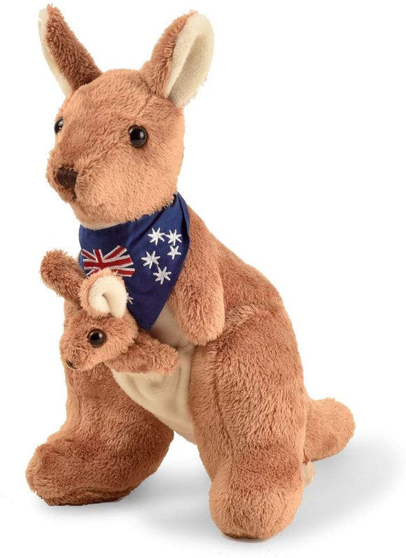 BOHS Plush Red Kangaroo with Australia Scarf and Detachable Joey - Huggable Soft Stuffed Mom and Baby Animals Toy- 11 Inches