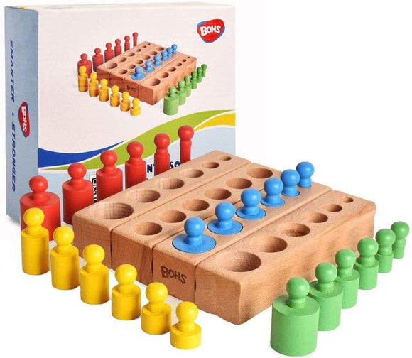 6 Pegs Mini Knobbed Cylinder Blocks Montessori - 6.7 Inches - Colorful Wooden Early Home School Toy - 4pcs Set
