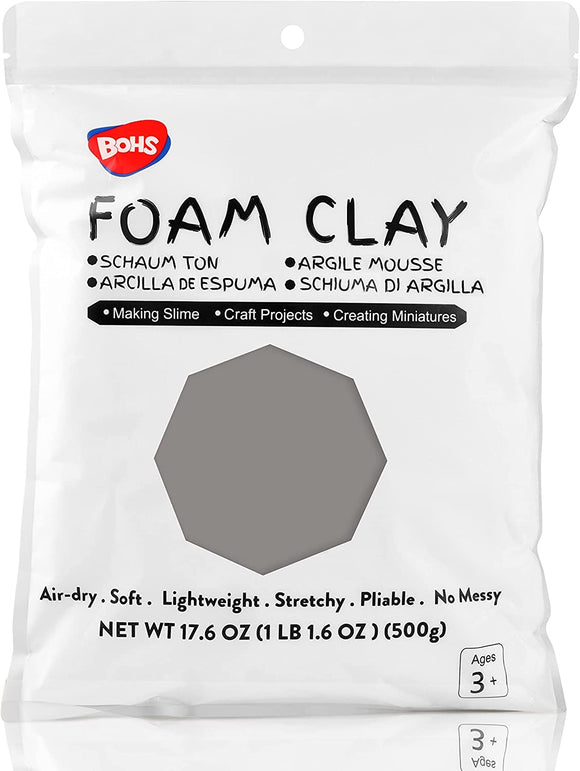 BOHS Gray Foam Clay - Moldable,Squishy,Air Dry,High Density -for Cosplay Costume,Butter Slime,Figures -Easy to Mold, Sand and Paint-1.1 Lbs/500Grams