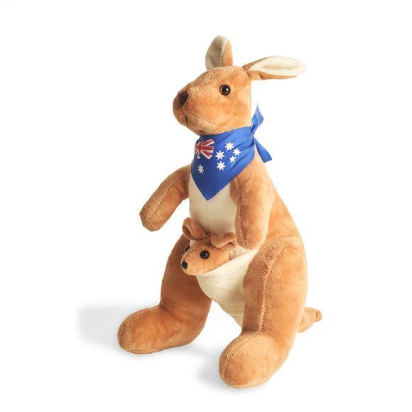 BOHS Stuffed Kangaroo with Australia Scarf and Joey - Huggable Soft Animals Toy- 11.8 Inches