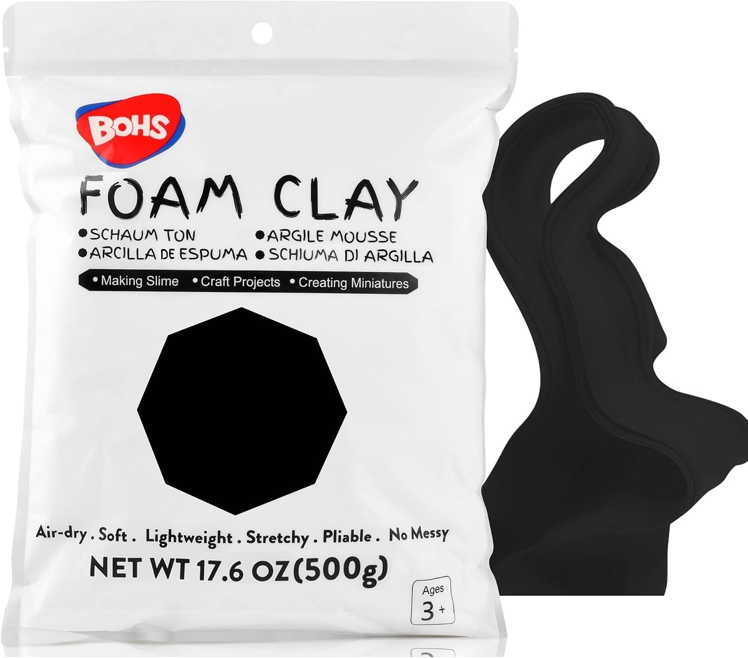 BOHS Black Modeling Foam Clay - Squishy,Soft, Air Dry -for School Project,Cosplay,Fake Bake, Slime Supplies-1.1 Lbs/ 500 Grams BOHS Toys