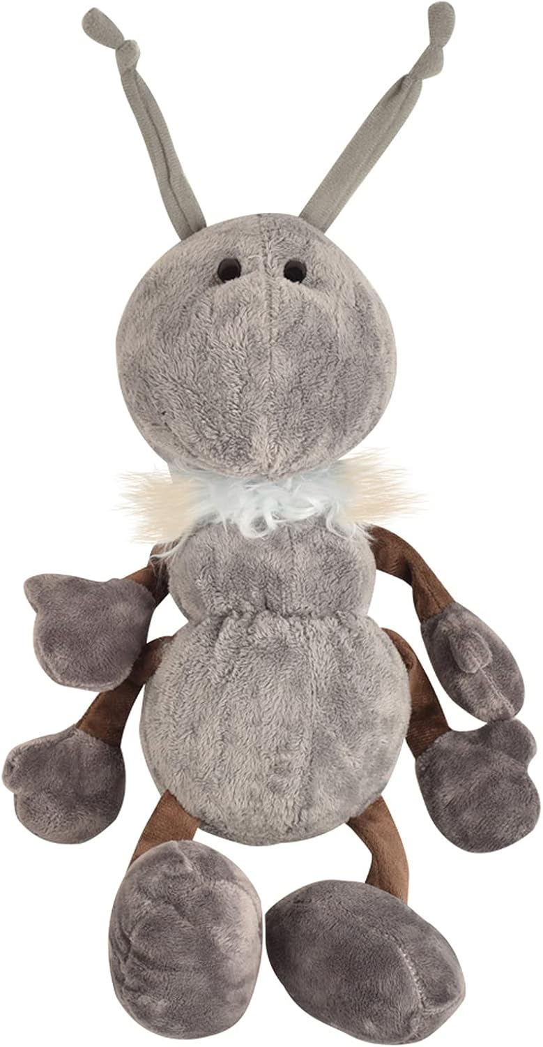 A plush toy ant with a gray fuzzy body, brown legs and antennae, and a small white fluffy collar, shown against a plain white background.