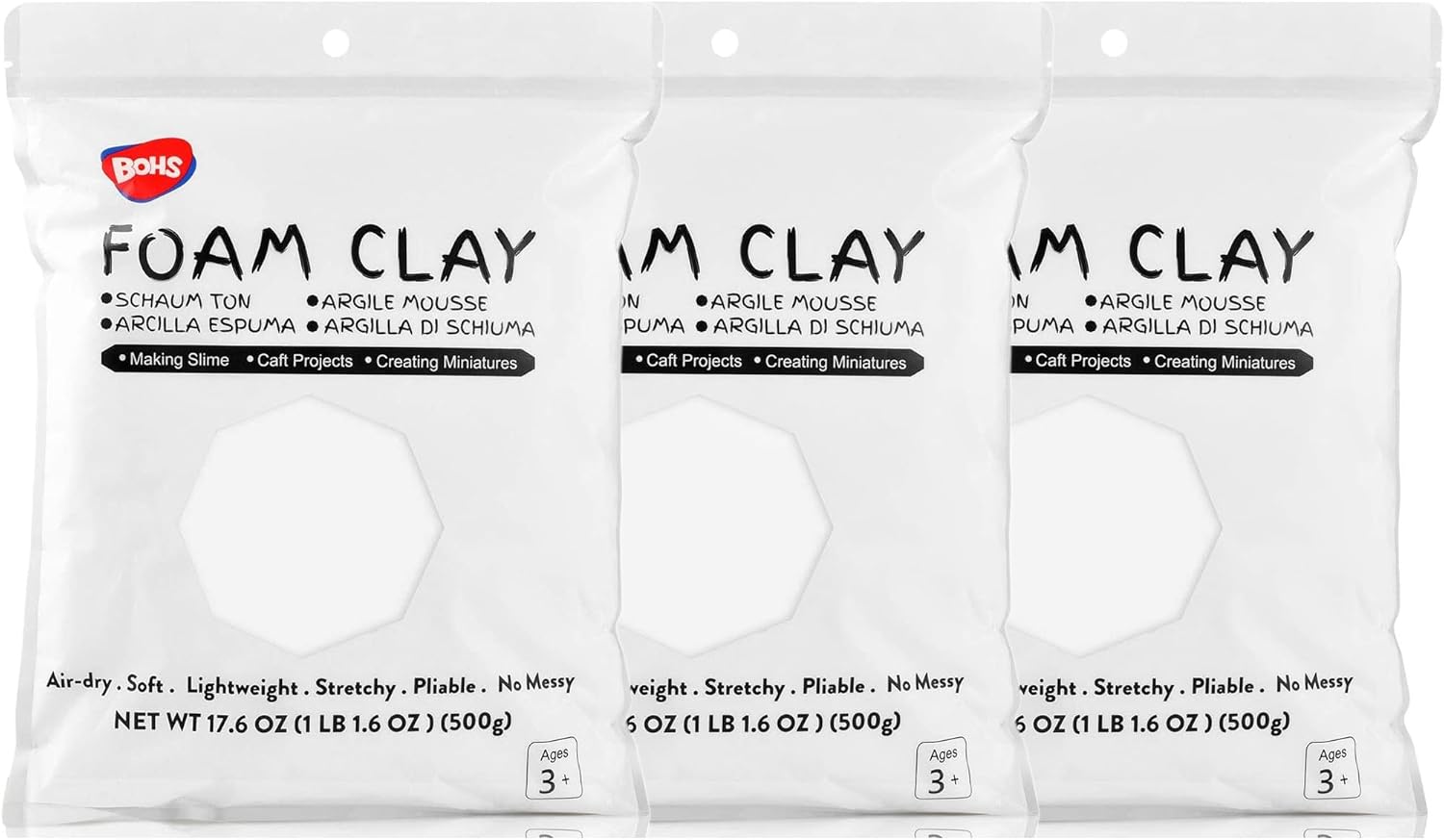 BOHS White Foam Clay,3pcs 3.3 Lbs - Squishy,Soft, Air Dry -for School Project,Cosplay Mask, Slime Addition Supplies