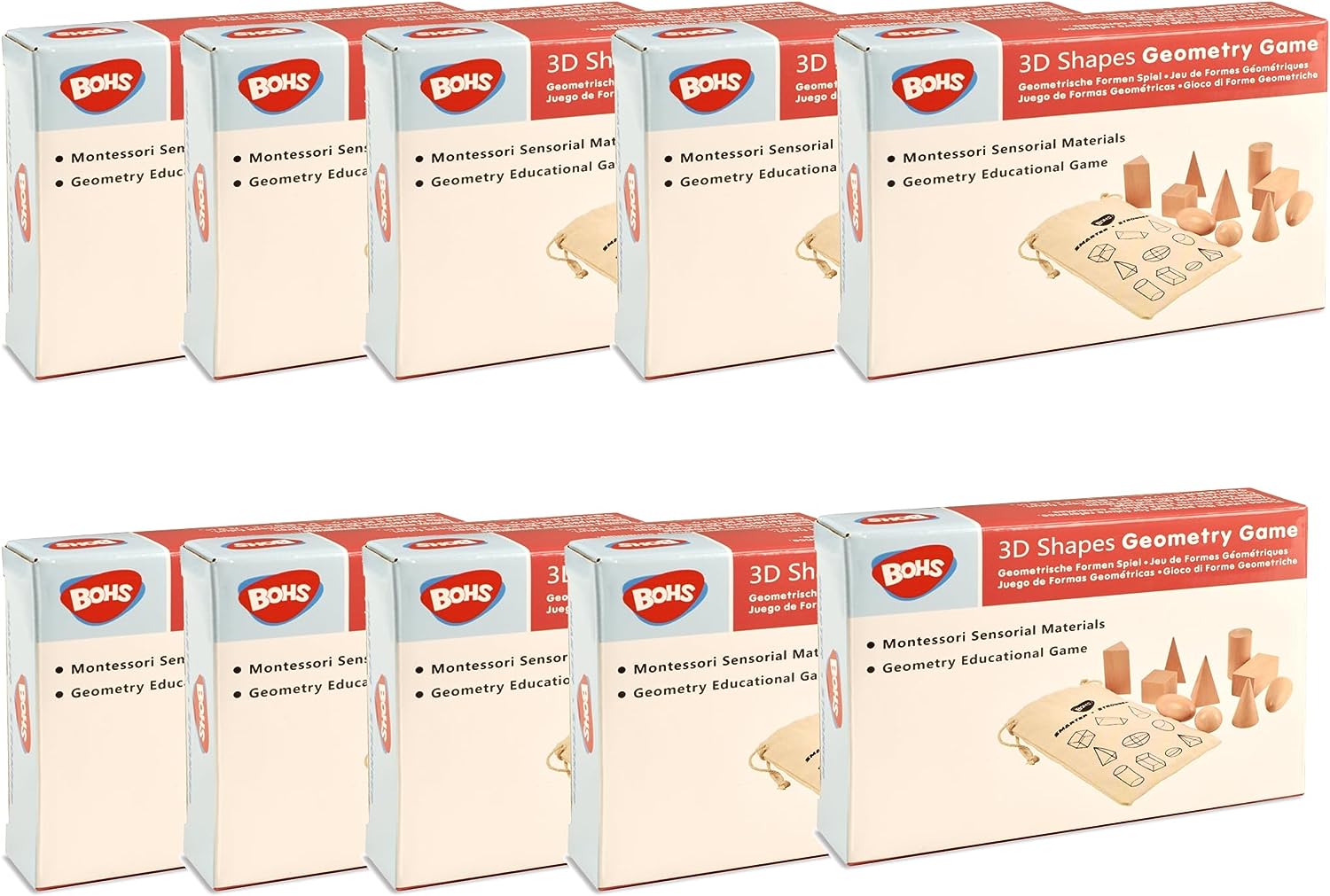 BOHS 3D Shapes Guess Game - Case Pack of 10 Boxes -Solid Figures Geometry Miniature Set in Mystery Bag - Wooden Montessori Toys - Ages 3 and Up