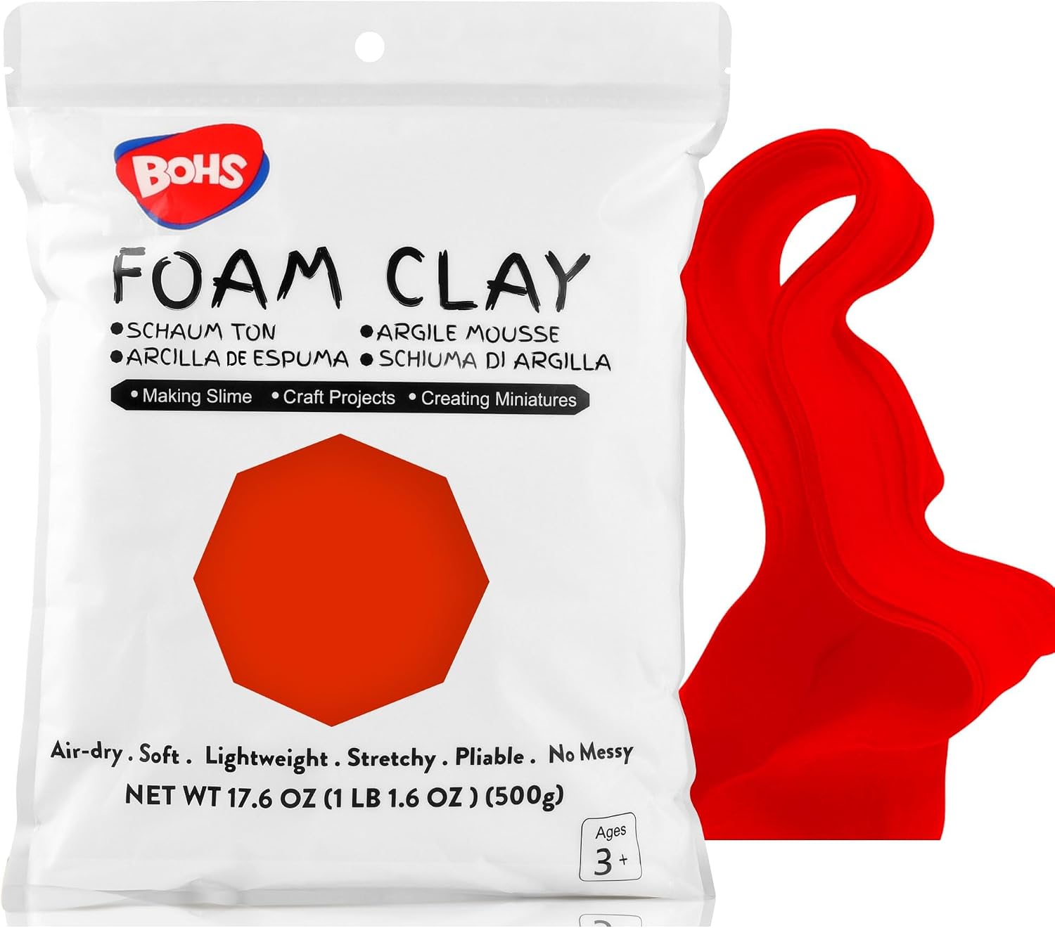 BOHS Red Modeling Foam Clay - Squishy,Soft, Air Dry -for School Project,Cosplay,Fake Bake, Slime Mix-ins -1.1 Lbs/ 500 Grams BOHS Toys
