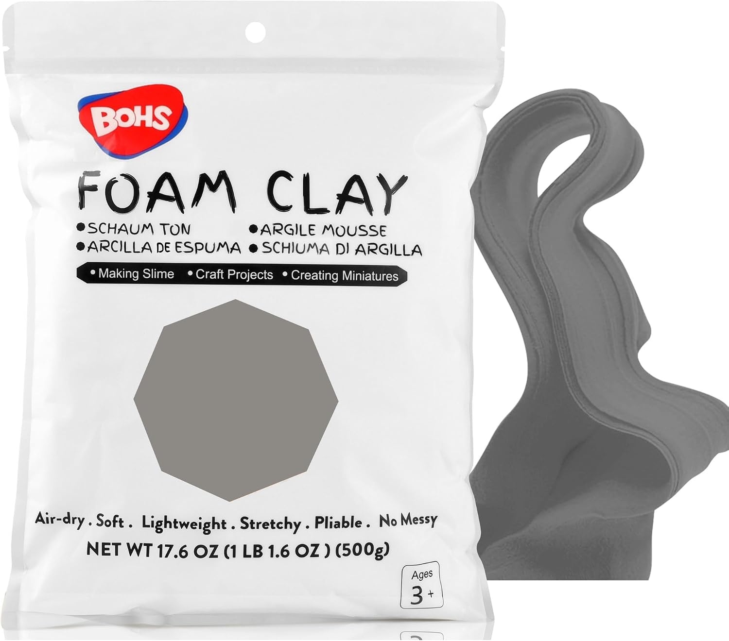BOHS Gray Foam Clay - Moldable,Squishy,Air Dry,High Density -for Cosplay Costume,Butter Slime,Figures -Easy to Mold, Sand and Paint-1.1 Lbs/500Grams bohs toys