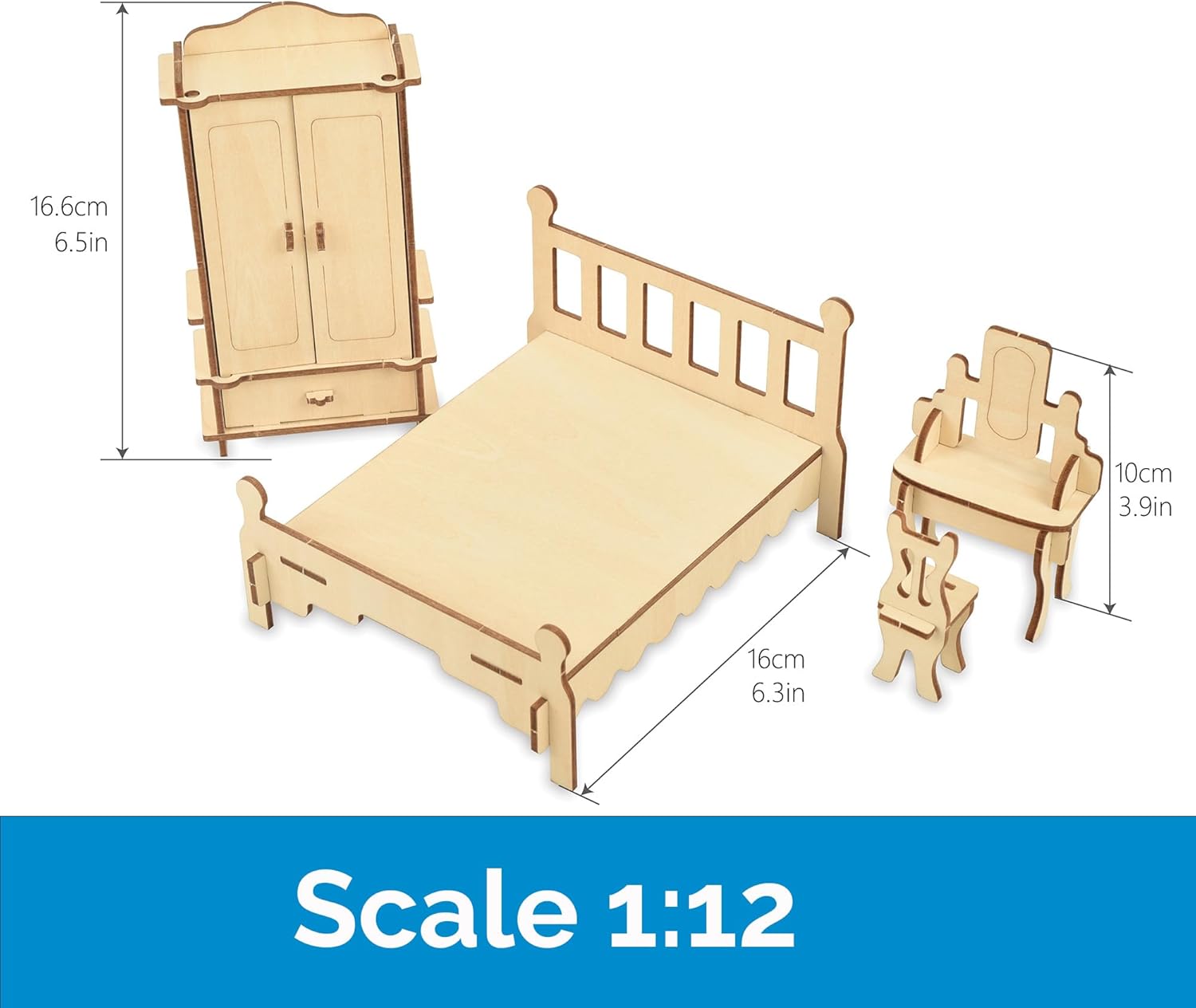 BOHS Scale 1:12 Dollhouse Furniture Set - Wooden 3D Puzzles - 28 PCS Dollhouse Furniture for Six Rooms