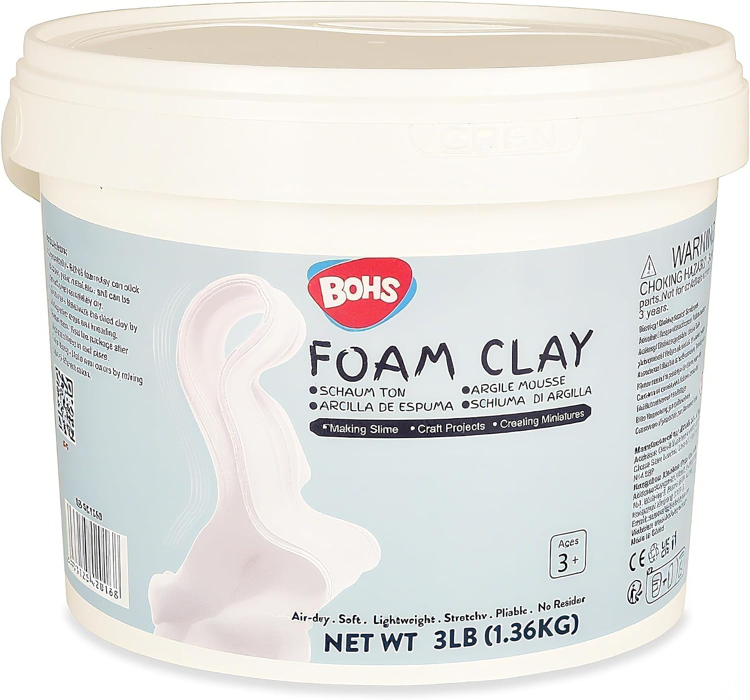 BOHS Foam Clay Pro - 3 lbs Bucket, Air Dry, No Cracks, No Stains - Modeling Clay for Adult Arts & Crafts Projects, Cosplay Items, Figurines - Age 3 Years & up BOHS Toys
