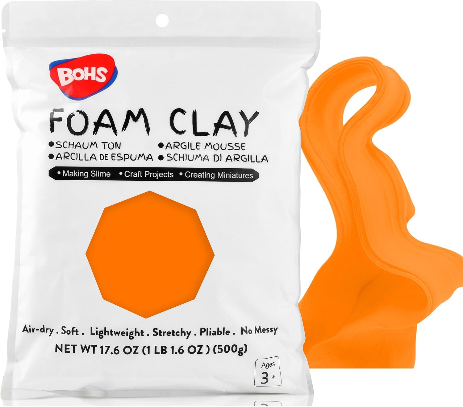 BOHS Orange Modeling Foam Clay - Squishy,Soft, Air Dry -for School Project,Cosplay,Fake Bake, Slime Supplies-1.1 Lbs/ 500 Grams bohs toys