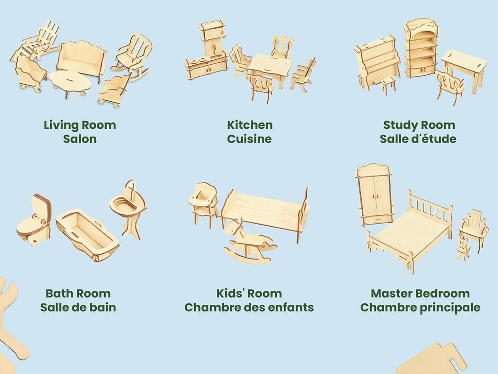 BOHS Scale 1:12 Dollhouse Furniture Set - Wooden 3D Puzzles - 28 PCS Dollhouse Furniture for Six Rooms