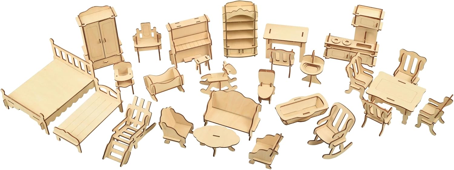 BOHS Scale 1:12 Dollhouse Furniture Set - Wooden 3D Puzzles - 28 PCS Dollhouse Furniture for Six Rooms