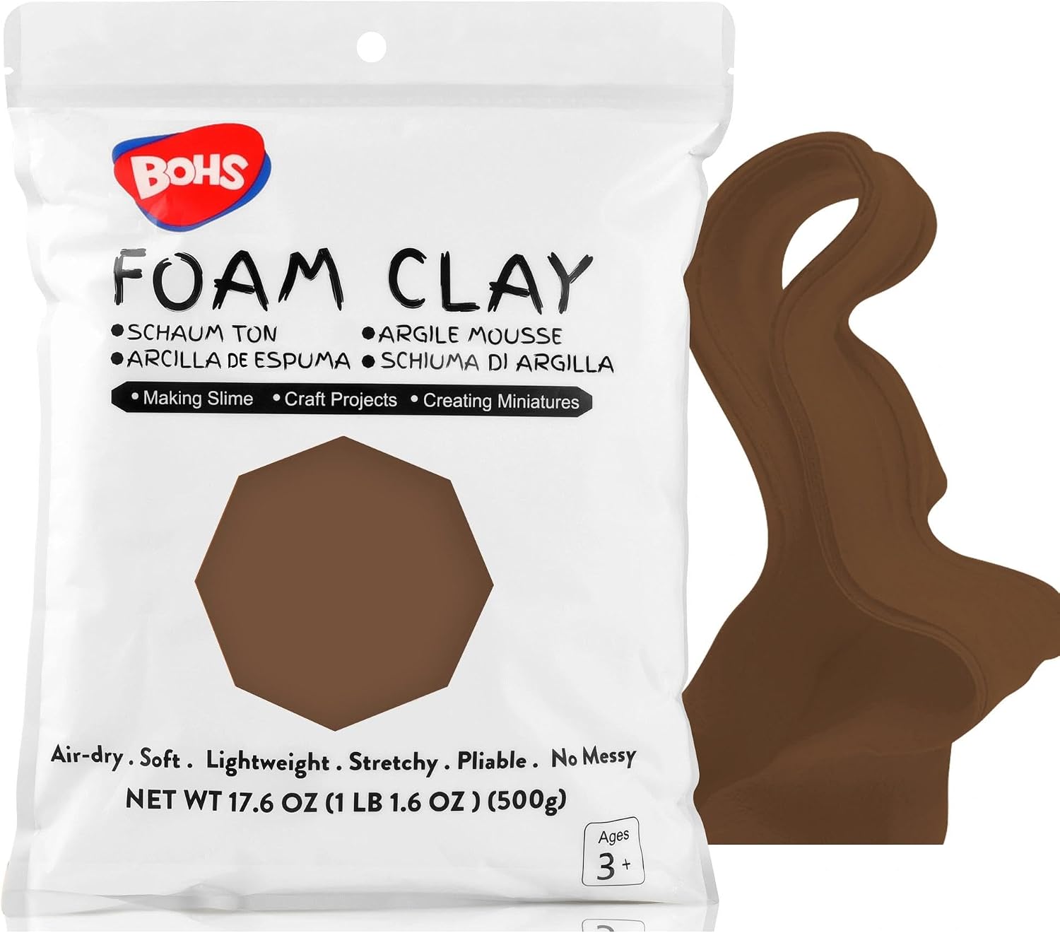 BOHS Brown Modeling Foam Clay - Squishy,Soft, Air Dry -for School Project,Cosplay,Fake Bake, Slime Supplies-1.1 Lbs/ 500 Grams BOHS Toys