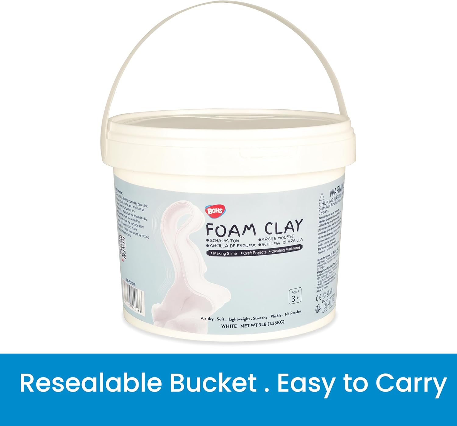 BOHS White Squishy Slime and Modeling Foam Clay, Air Dry, para proyectos escolares de artes y manualidades, 3 libras / 1.36 KG, edad 3 años y más 