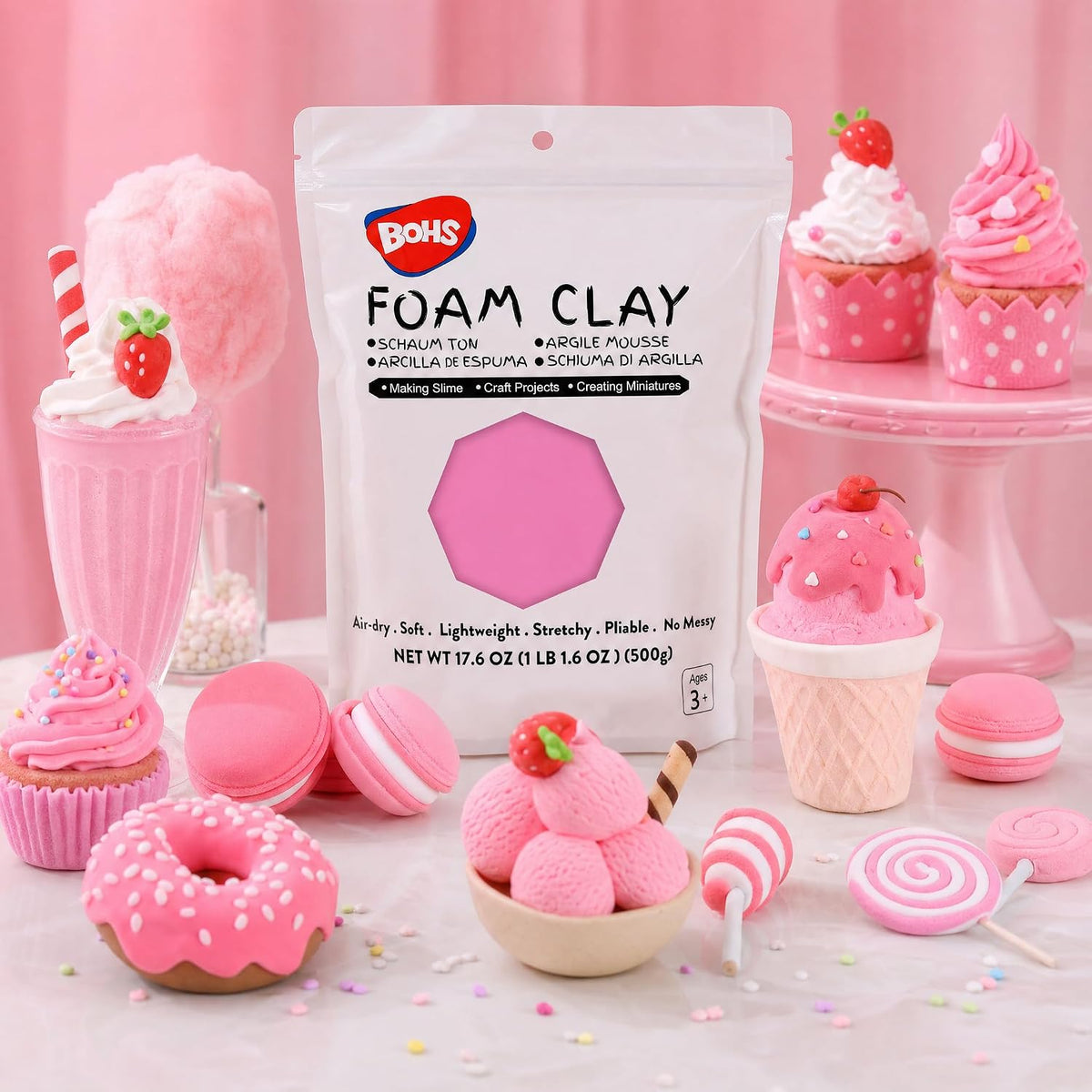 BOHS Pink Modeling Foam Clay, Soft Air Dry, for School Project, Butter Slime, Fake Bake - 1.1 Lbs/17.6 OZ, Age 3 Years & up BOHS Toys