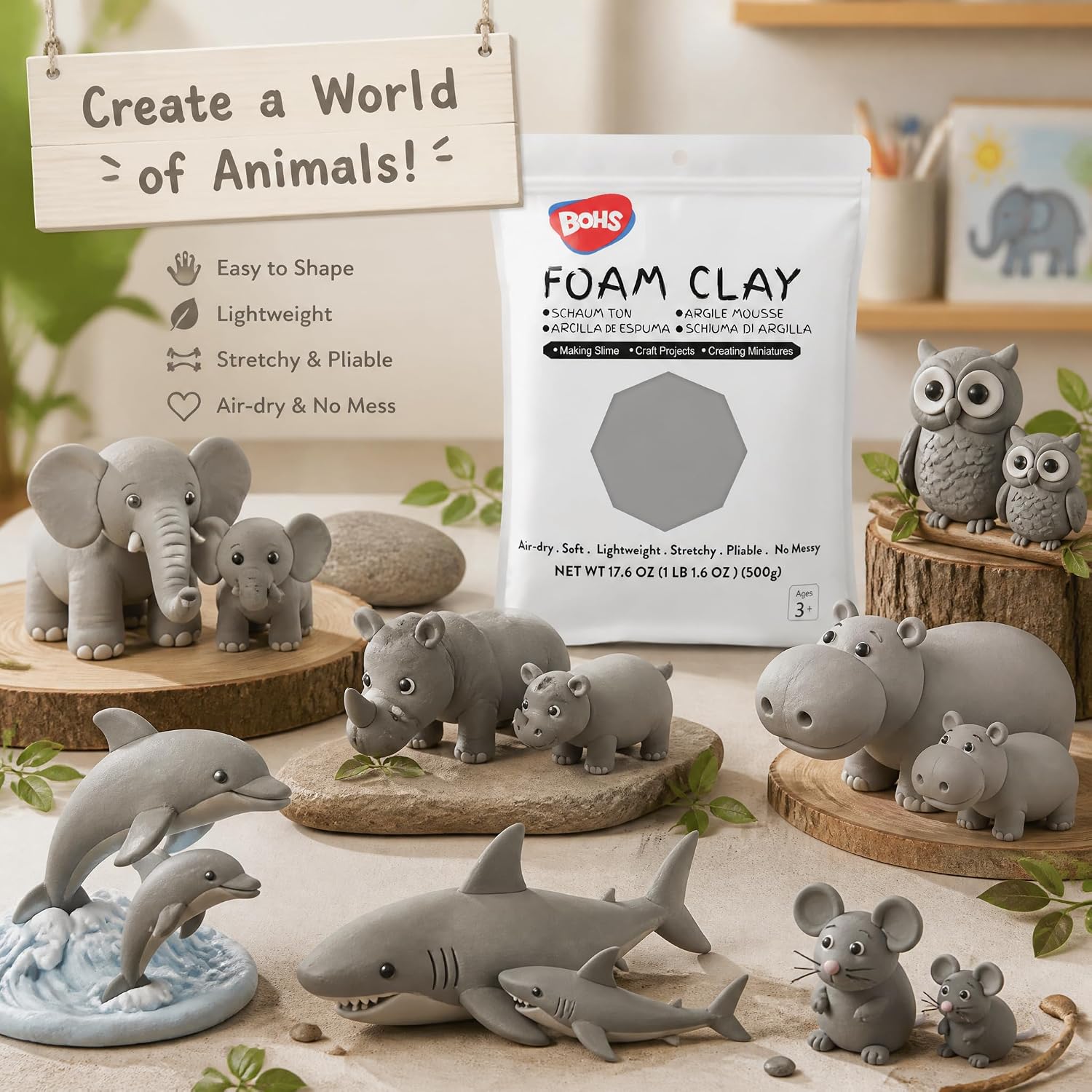 BOHS Gray Foam Clay - Moldable,Squishy,Air Dry,High Density -for Cosplay Costume,Butter Slime,Figures -Easy to Mold, Sand and Paint-1.1 Lbs/500Grams bohs toys