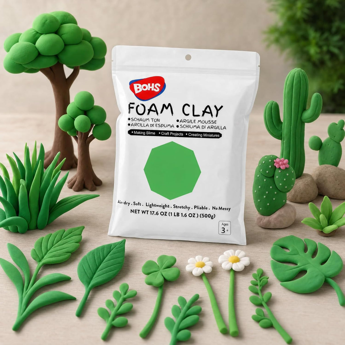 BOHS Green Modeling Foam Clay - Squishy,Soft, Air Dry -for School Project,Cosplay,Fake Bake, Slime Supplies-1.1 Lbs/ 500 Grams BOHS Toys