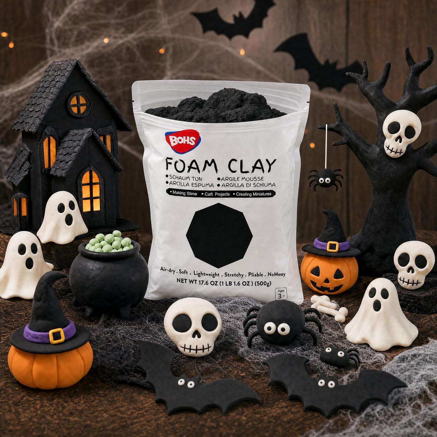BOHS Black Modeling Foam Clay - Squishy,Soft, Air Dry -for School Project,Cosplay,Fake Bake, Slime Supplies-1.1 Lbs/ 500 Grams BOHS Toys