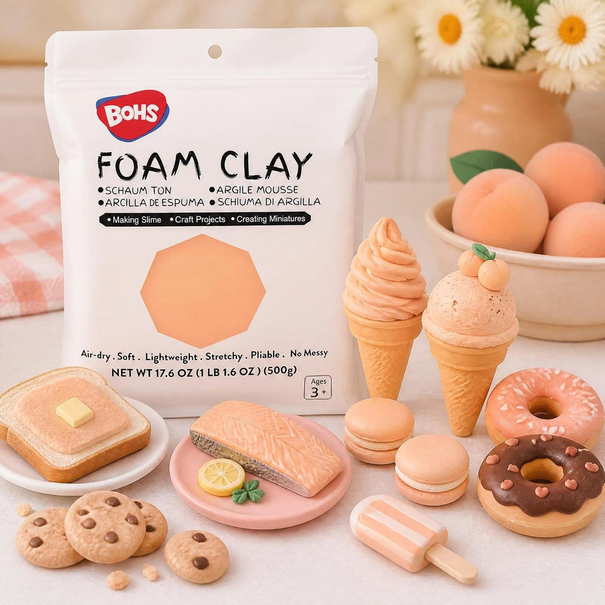 BOHS Peach Skin Modeling Foam Clay - Squishy,Soft, Air Dry -for School Project,Cosplay,Fake Bake, Slime Supplies-1.1 Lbs/ 500 Grams BOHS Toys