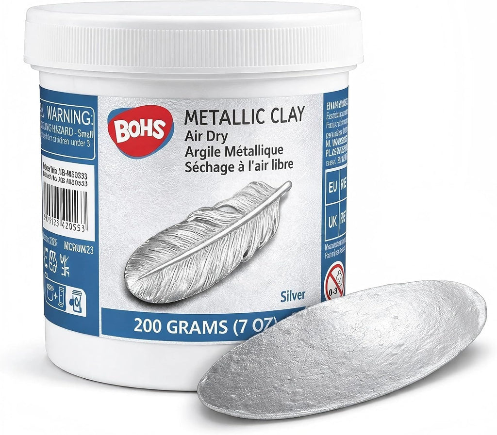 BOHS Silver Metallic Air-Dry Modeling Clay with Glitter Finish, 200g | Soft, pliable no-bake clay for decorative pendants, ornaments, figurines, cosplay props and shimmering craft accents.