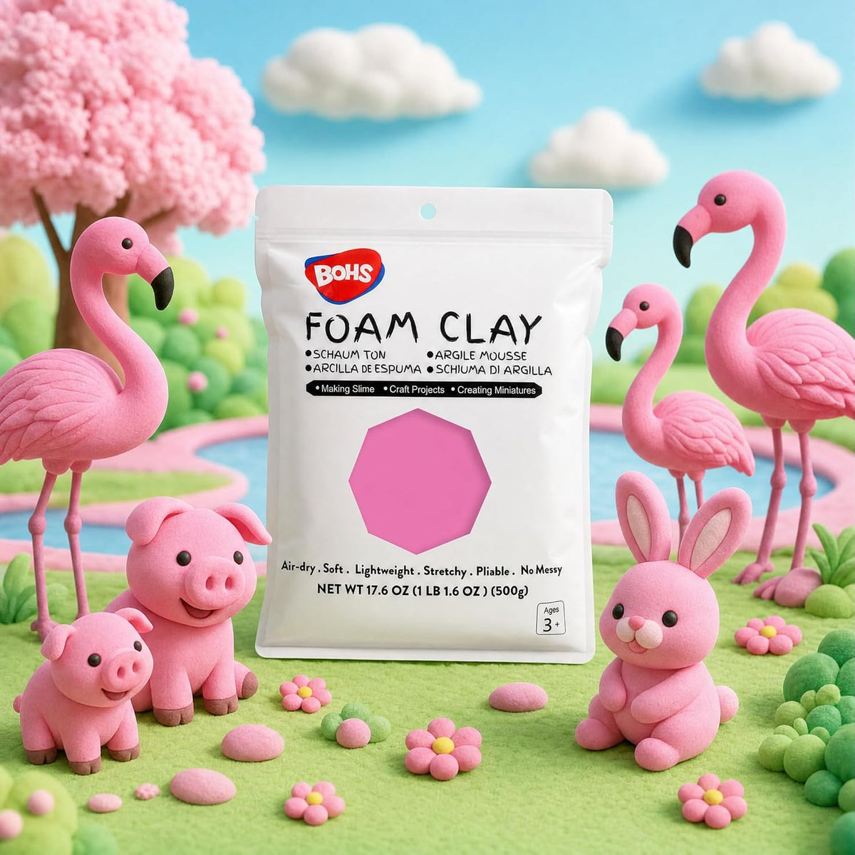 BOHS Pink Modeling Foam Clay, Soft Air Dry, for School Project, Butter Slime, Fake Bake - 1.1 Lbs/17.6 OZ, Age 3 Years & up BOHS Toys
