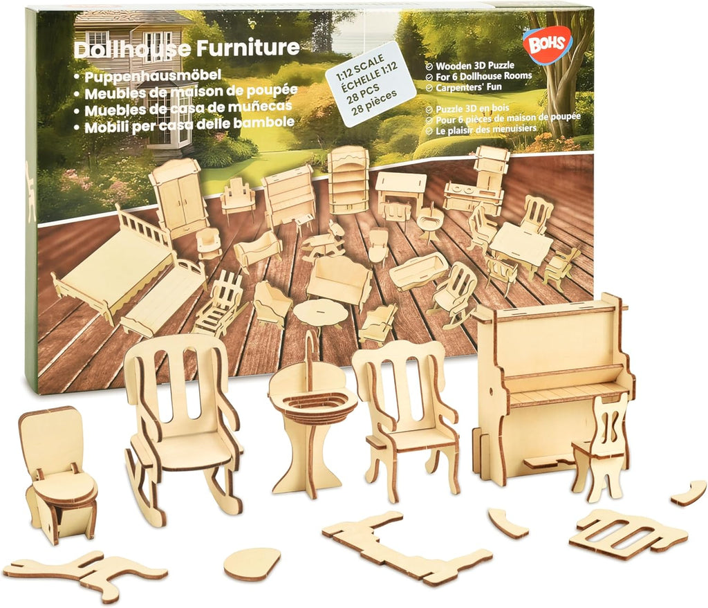 BOHS Scale 1:12 Dollhouse Furniture Set - Wooden 3D Puzzles - 28 PCS Dollhouse Furniture for Six Rooms