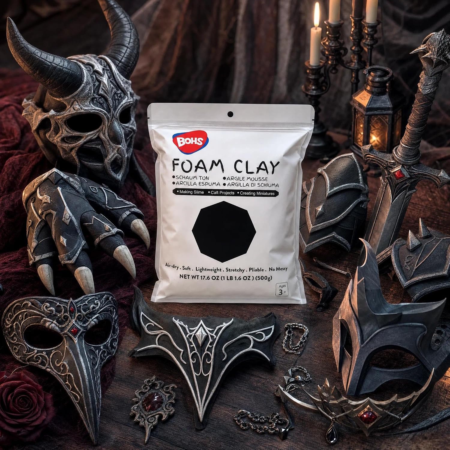 BOHS Black Modeling Foam Clay - Squishy,Soft, Air Dry -for School Project,Cosplay,Fake Bake, Slime Supplies-1.1 Lbs/ 500 Grams BOHS Toys