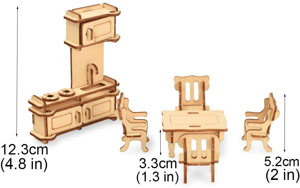 BOHS 1SET=34PCS Dollhouse Furnitures -Wooden 3D Puzzle - Scale Miniature Models Doll House DIY Accessorie