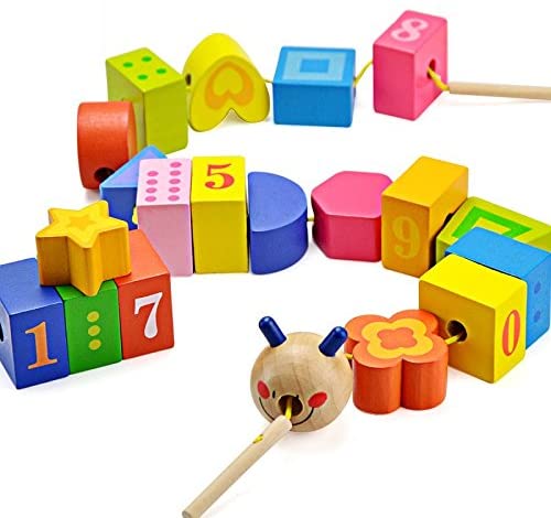 BOHS Caterpillar Lacing Block Beads - Toddler Learn Math Counting, Numbers and Shapes-  Early Development Toys