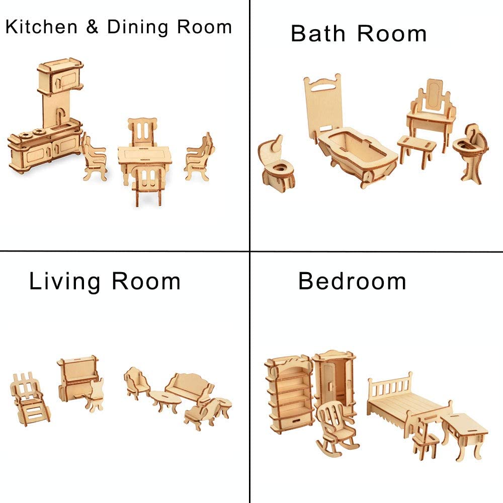 BOHS 1SET=34PCS Dollhouse Furnitures -Wooden 3D Puzzle - Scale Miniature Models Doll House DIY Accessorie