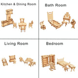 BOHS 1SET=34PCS Dollhouse Furnitures -Wooden 3D Puzzle - Scale Miniature Models Doll House DIY Accessorie