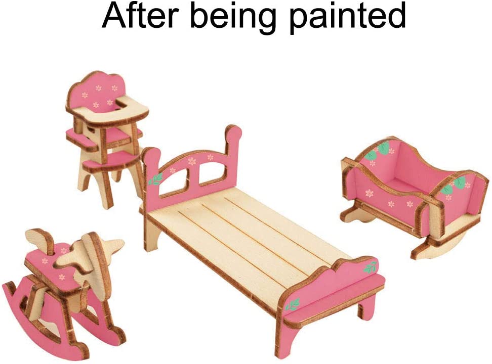 BOHS 1SET=34PCS Dollhouse Furnitures -Wooden 3D Puzzle - Scale Miniature Models Doll House DIY Accessorie