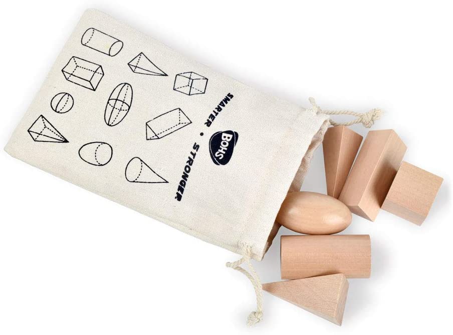 3D Shapes Guess Game - Solid Figures Geometry Miniature Set in Mystery Bag - Wooden Montessori Toys - Pack of 10pcs - Ages 3 and Up