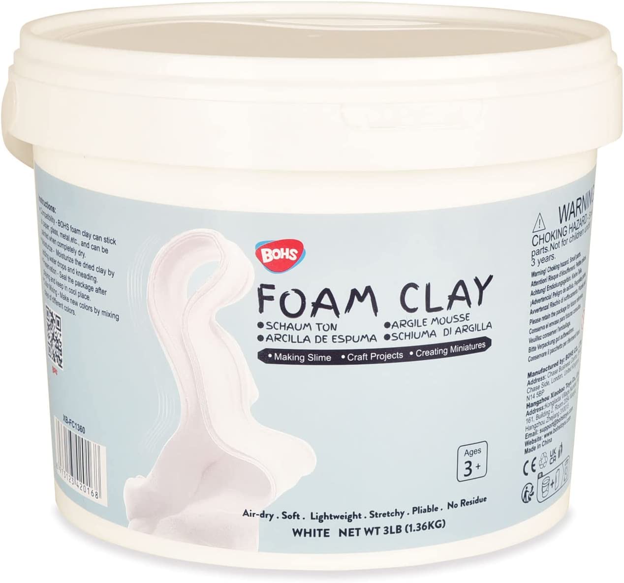 BOHS White Squishy Slime and Modeling Foam Clay, Air Dry, para proyectos escolares de artes y manualidades, 3 libras / 1.36 KG, edad 3 años y más 