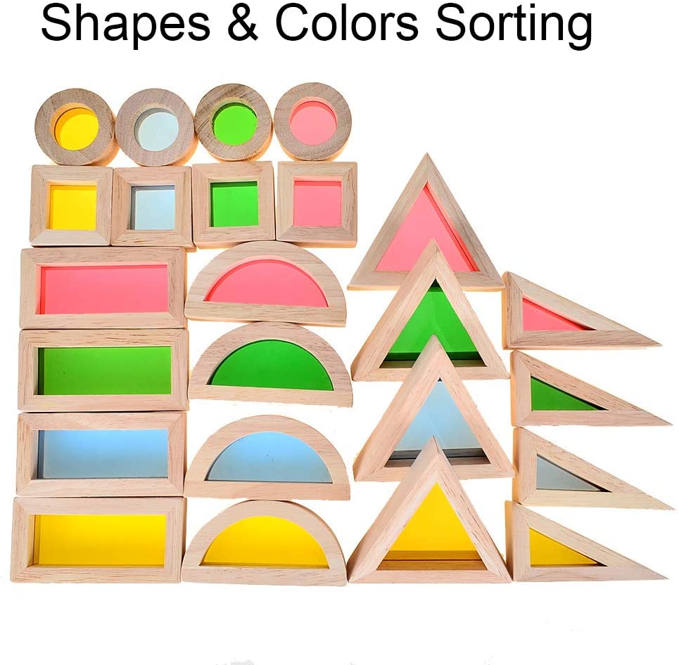 Rainbow Sensory Blocks (24 pcs) - Wooden Toys for Toddlers- Play on Light Table/Sunny Window