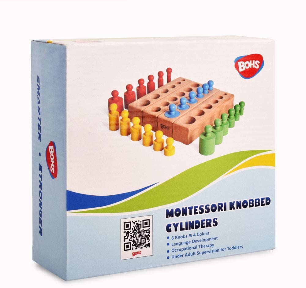 6 Pegs Mini Knobbed Cylinder Blocks Montessori - 6.7 Inches - Colorful Wooden Early Home School Toy - 4pcs Set