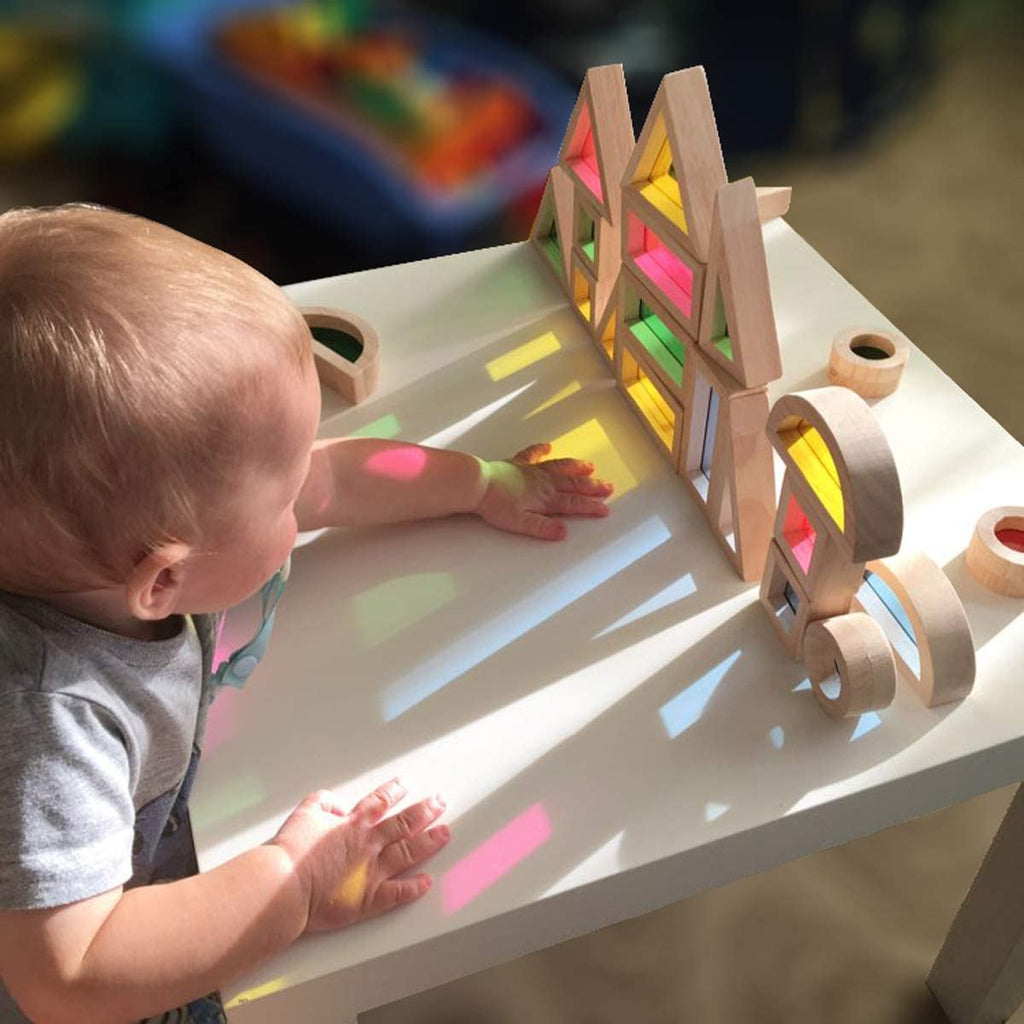 Rainbow Sensory Blocks (24 pcs) - Wooden Toys for Toddlers- Play on Light Table/Sunny Window