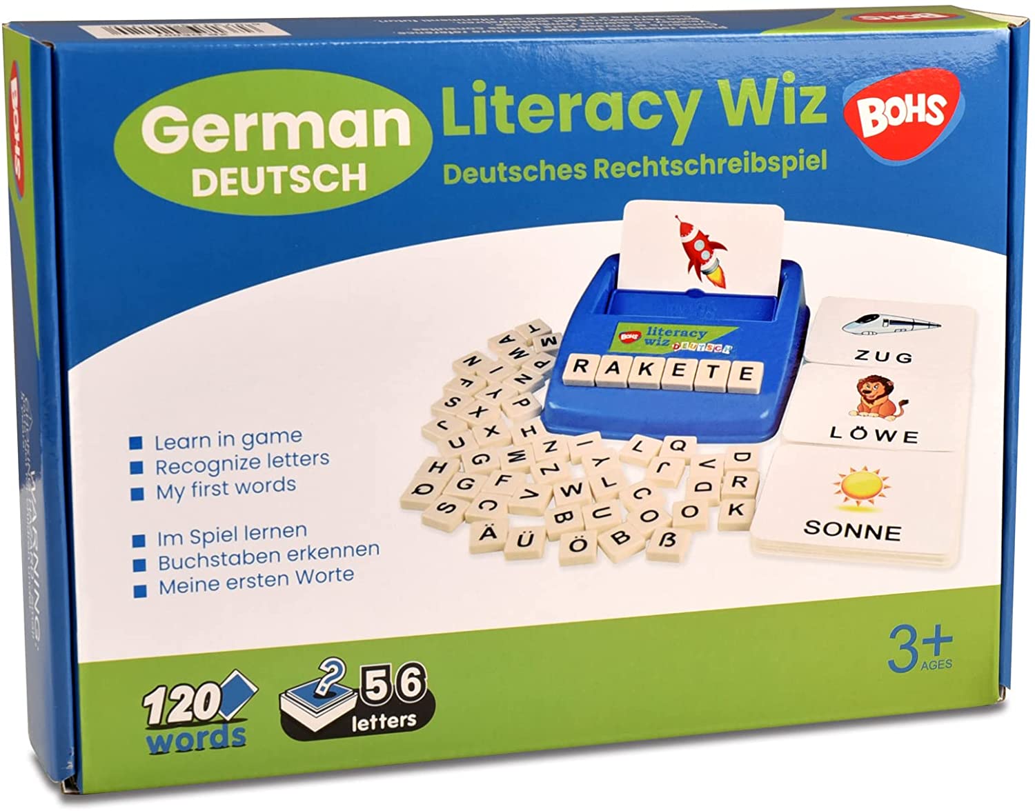 BOHS German Literacy Wiz Fun Game - 120 Words 60 Flash Cards - Preschool Language Learning Educational Toys
