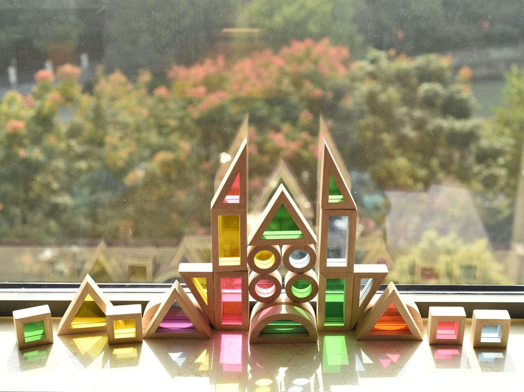 Rainbow Sensory Blocks (24 pcs) - Wooden Toys for Toddlers- Play on Light Table/Sunny Window