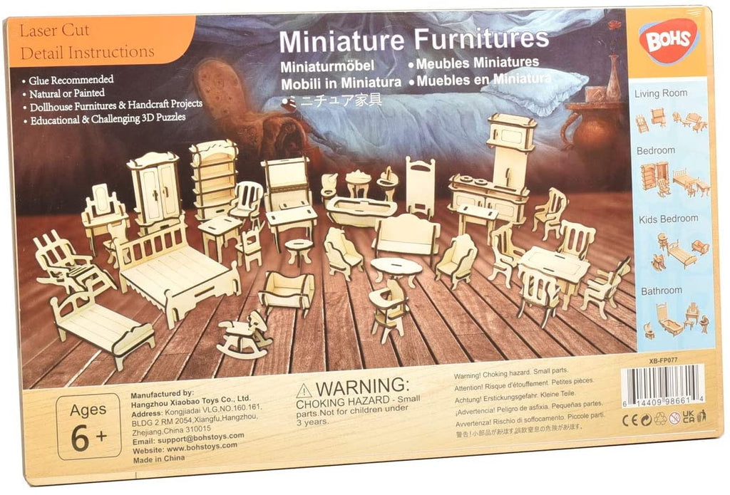 BOHS 1SET=34PCS Dollhouse Furnitures -Wooden 3D Puzzle - Scale Miniature Models Doll House DIY Accessorie