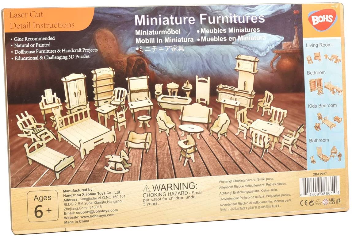 BOHS 1SET=34PCS Dollhouse Furnitures -Wooden 3D Puzzle - Scale Miniature Models Doll House DIY Accessorie