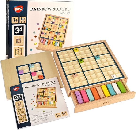 BOHS Wooden Rainbow Sudoku for Kids - 3 in 1 Easy to Hard - with Book of 320 Sudoku Puzzles - Desktop Brain Teaser Game Toys
