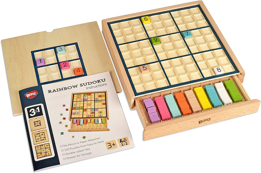 BOHS Wooden Color Sudoku - 3 in 1 Easy to Hard - with Book of 320 Sudoku Puzzles - Desktop Brain Teaser Game Toys