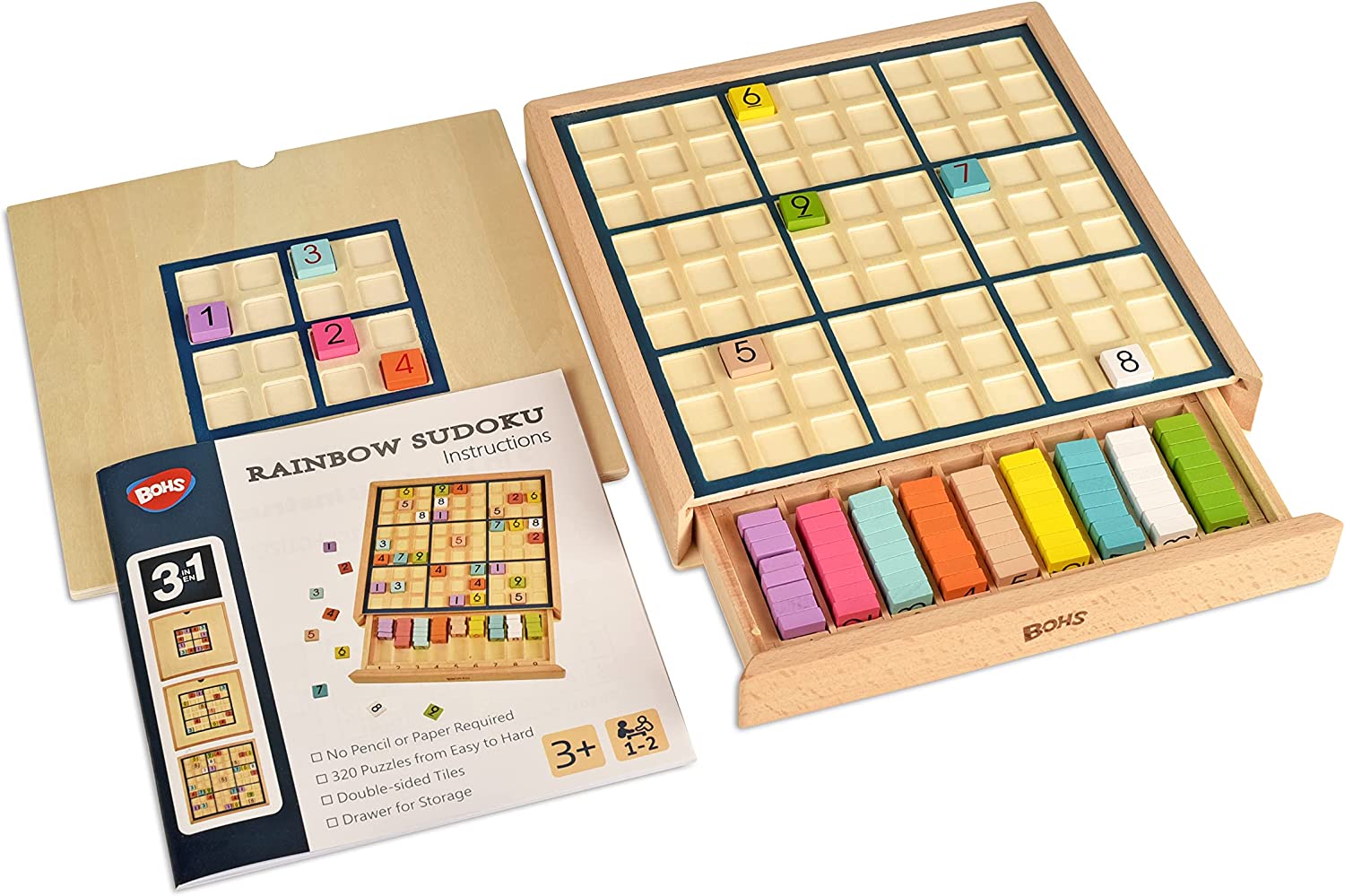BOHS Wooden Color Sudoku - 3 in 1 Easy to Hard - with Book of 320 Sudoku Puzzles - Desktop Brain Teaser Game Toys